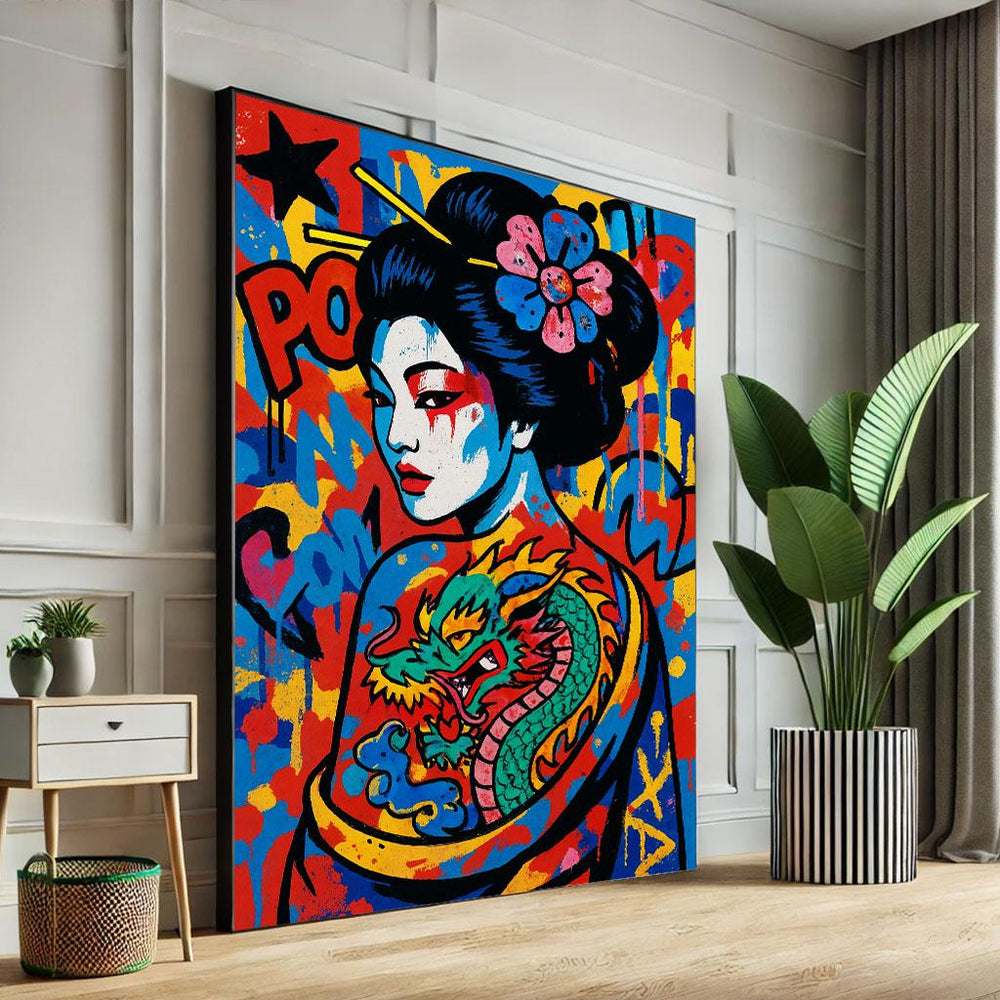 Bold Geisha Street Art Canvas Wall Art Print  Vibrant Living Room Decor  Statement Piece