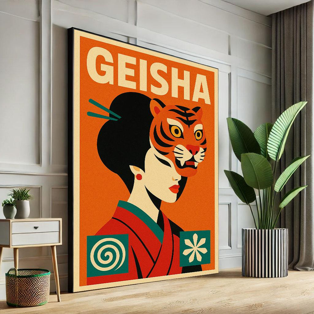 Japanese Geisha Tiger Mask Art Print, Retro Decor