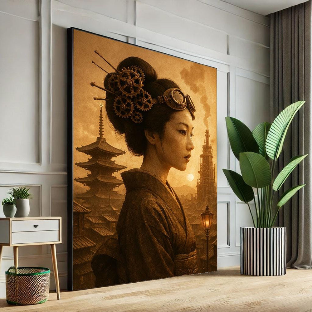 Steampunk Geisha Canvas Wall Art Print  Vintage Japanese Style Living Room Decor  Statement Piece