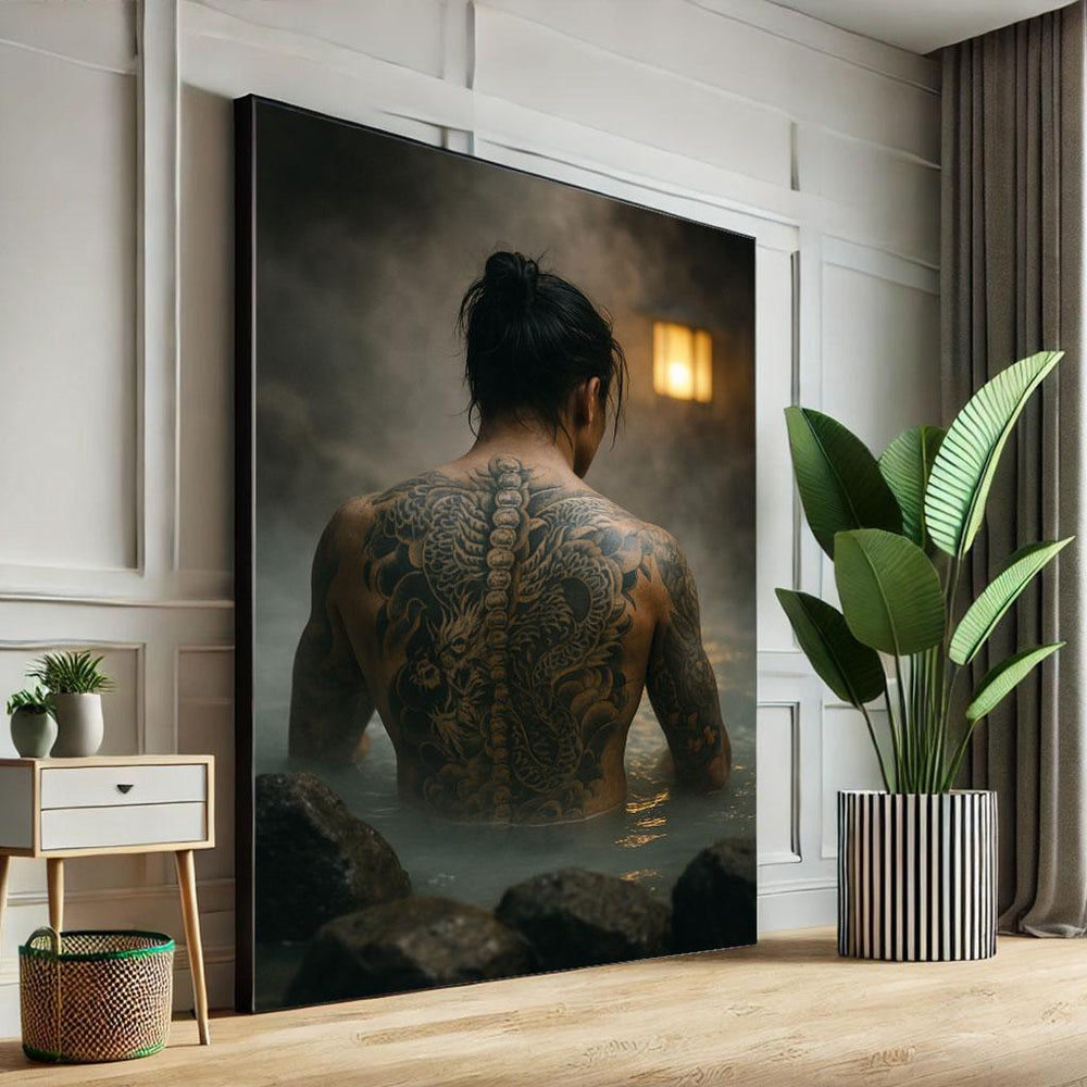 Mystical Japanese Tattooed Man Canvas Wall Art Print  Zen Living Room Decor  Statement Piece