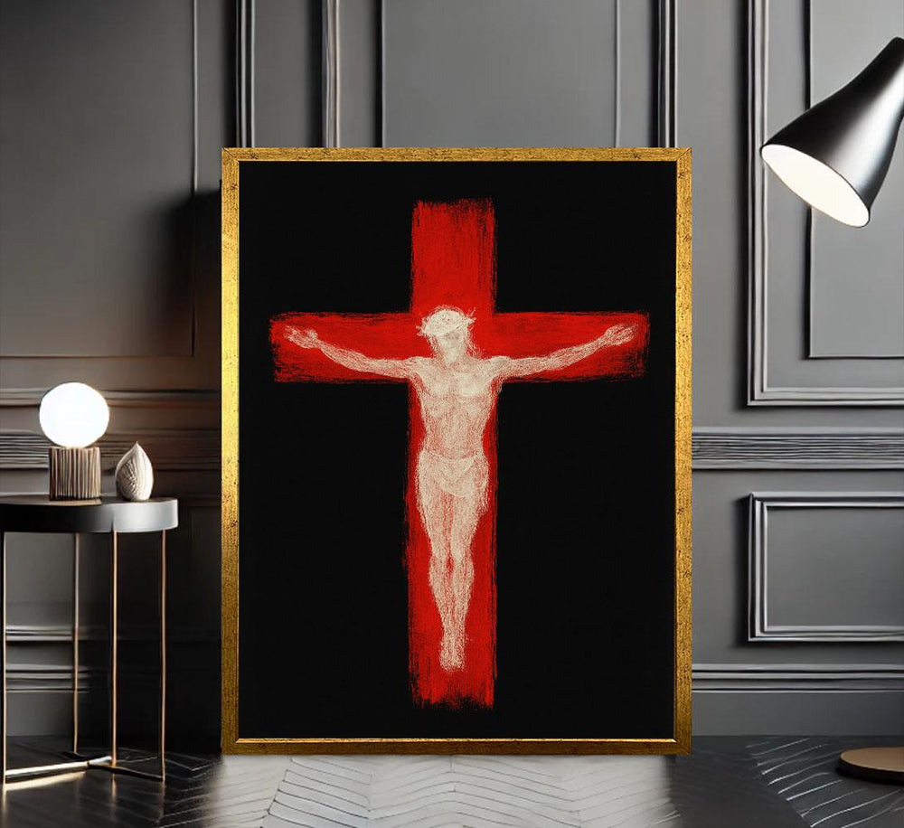Jesus on Red Cross Canvas Print, Modern Spiritual Decor