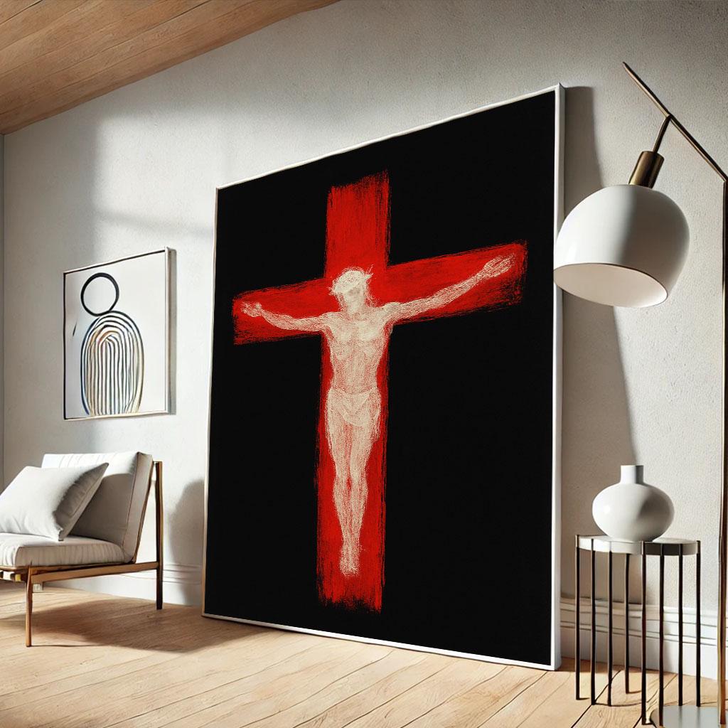 Image 3 of Radiant Jesus on Red Cross Canvas Wall Art Print | Modern Spiritual Living Room Decor | Statement Piece