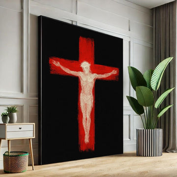 Image 1 of Radiant Jesus on Red Cross Canvas Wall Art Print | Modern Spiritual Living Room Decor | Statement Piece