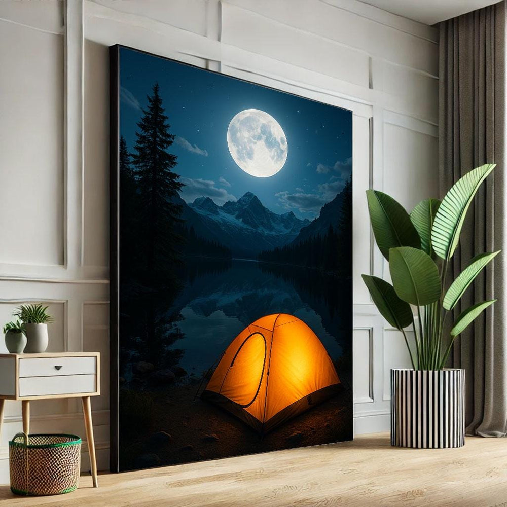 Moonlit Camping Scene Canvas Print, Serene Nighttime Decor