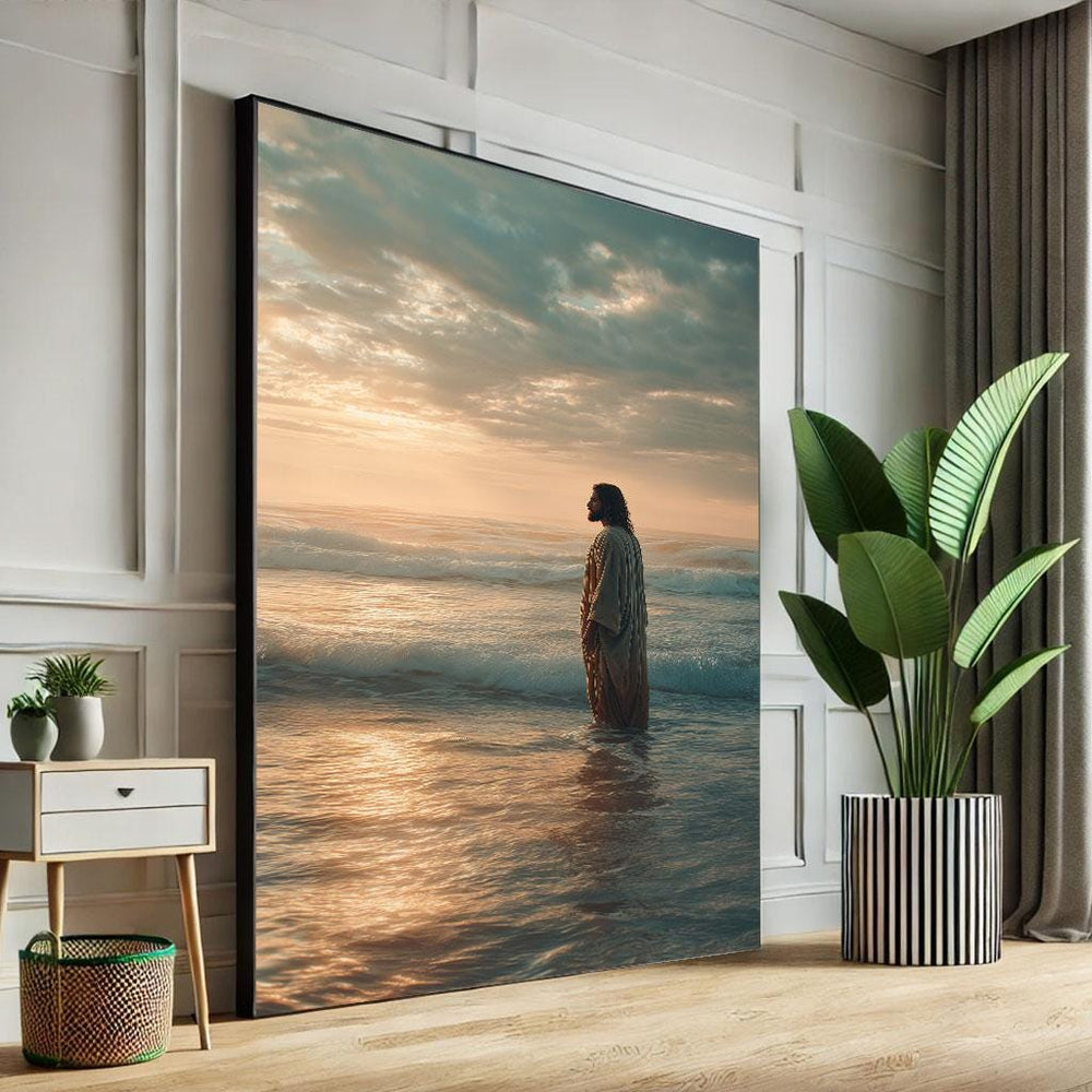 Radiant Jesus at Sunset Canvas Wall Art Print  Tranquil Living Room Decor  Statement Piece