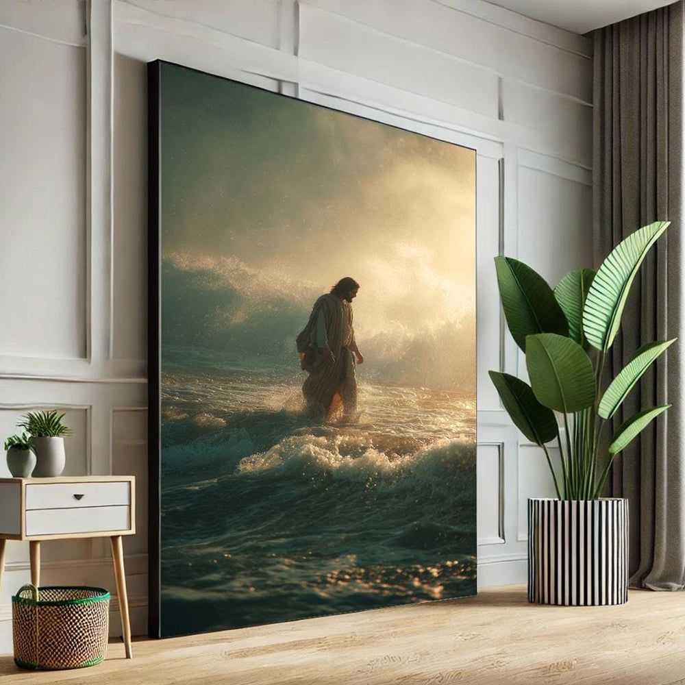 Jesus Walking on Water Canvas Print, Spiritual Wall Art