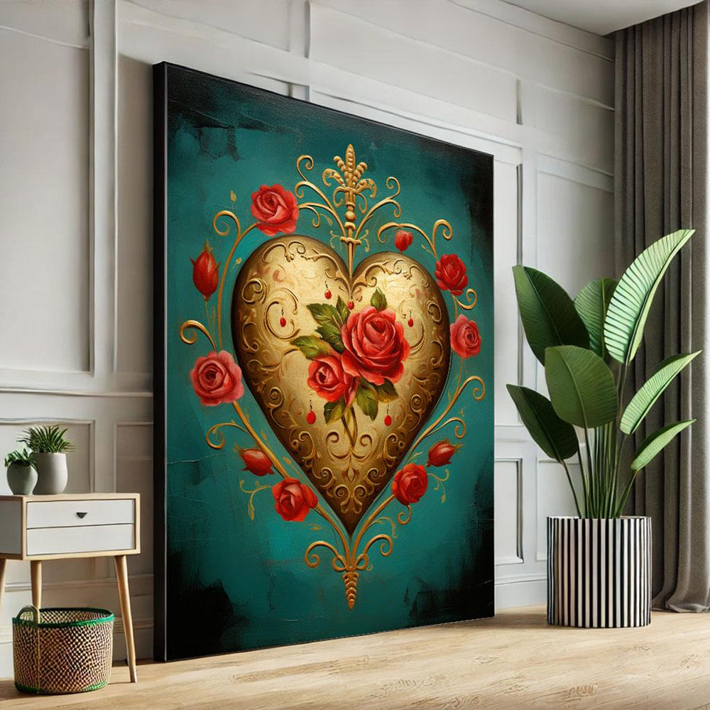 Elegant Heart and Roses Canvas Wall Art Print  Vintage Floral Living Room Decor  Statement Piece