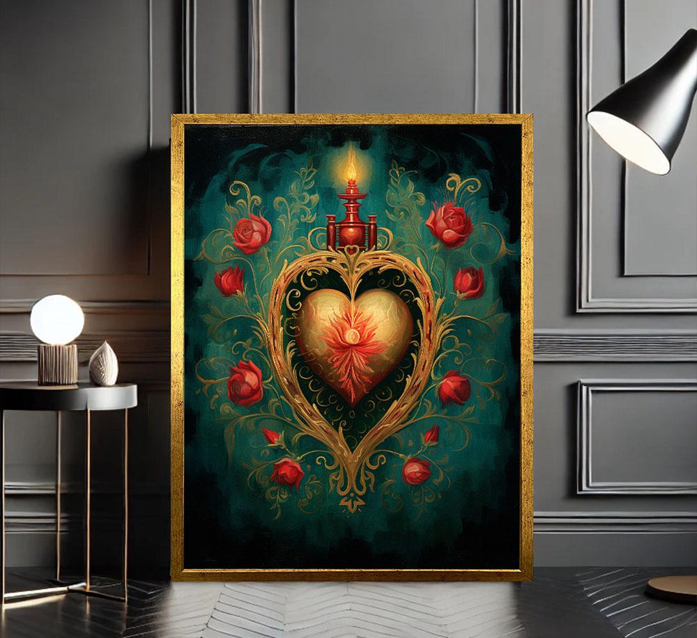 Sacred Heart and Roses Canvas Print, Mystical Spiritual Decor