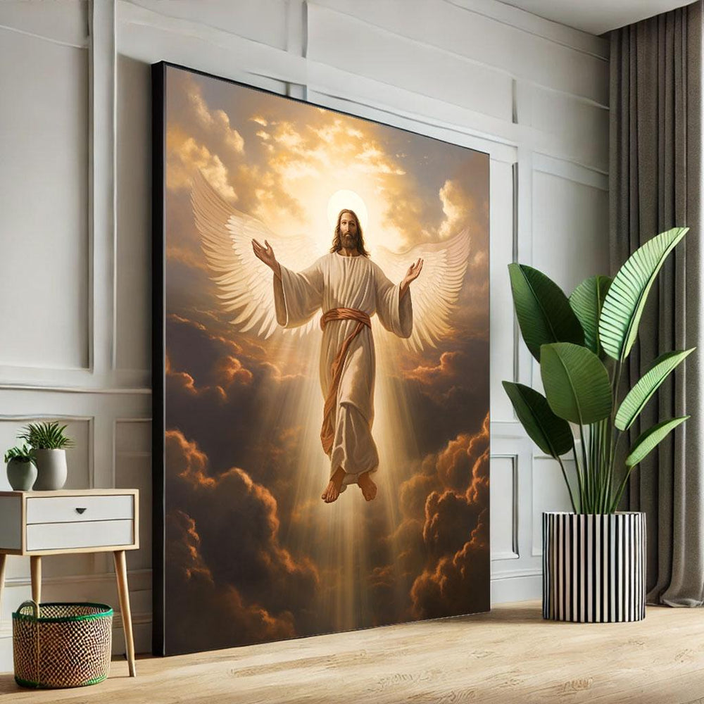 Radiant Jesus Ascending Canvas Wall Art Print  Spiritual Living Room Decor  Statement Piece