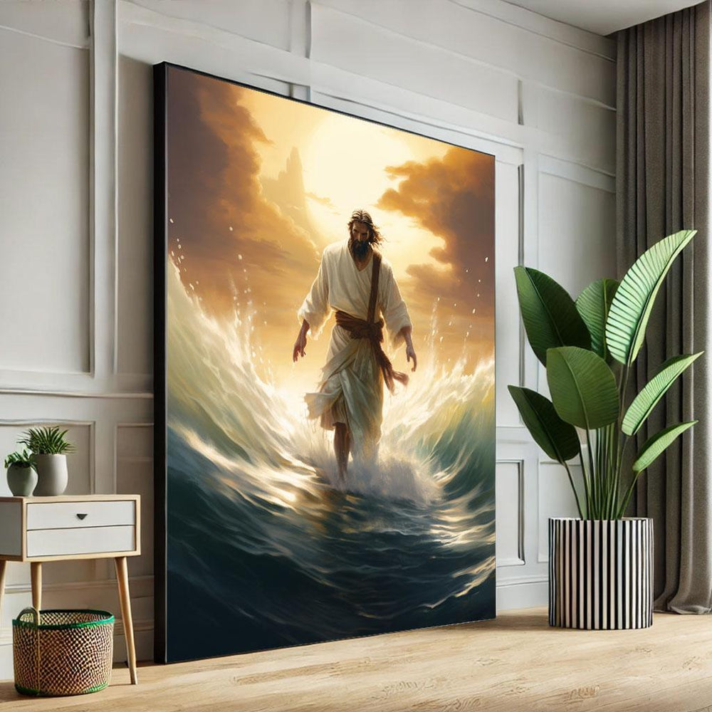 Glowing Jesus Walking on Water Canvas Wall Art  Spiritual Living Room Decor  Divine Gift