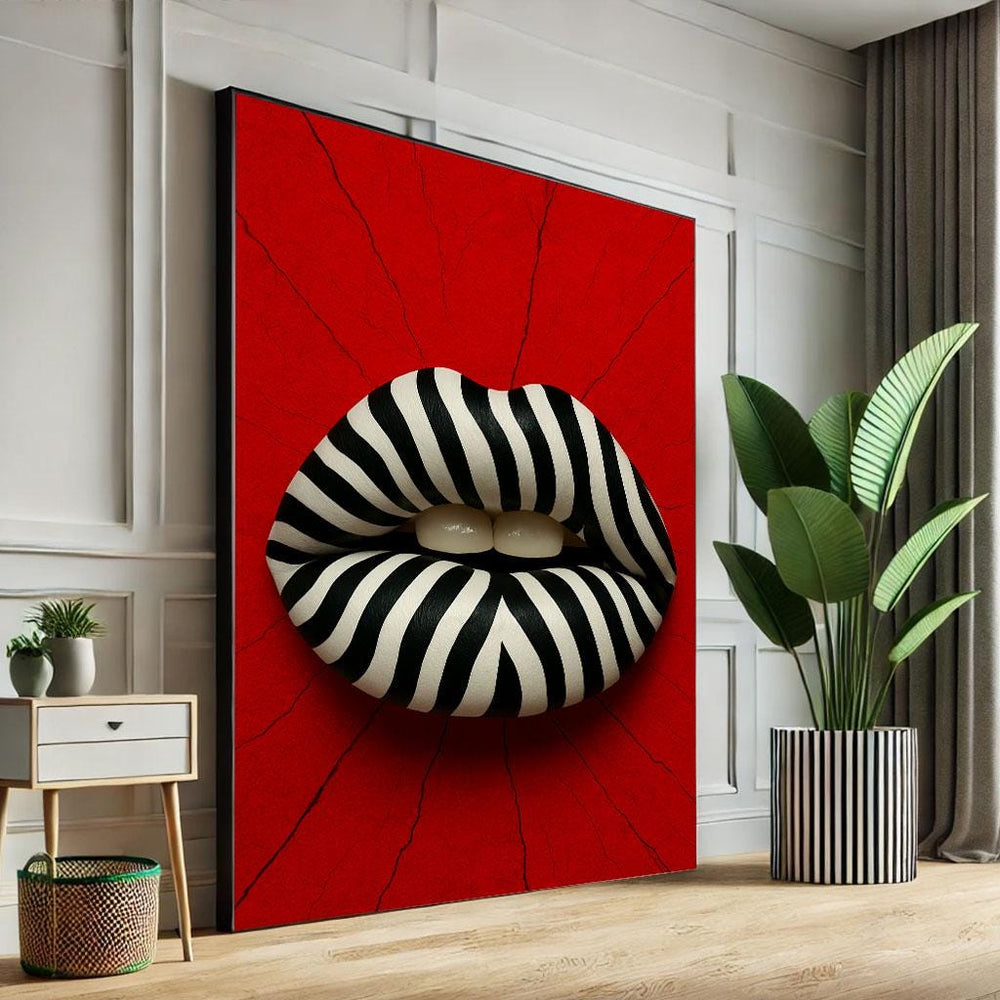 Zebra Lips Canvas Art, Red Background, Glam Home Decor