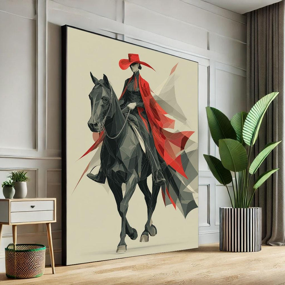 Red Cowgirl Horse Canvas Print – Modern Abstract Western Wall Art