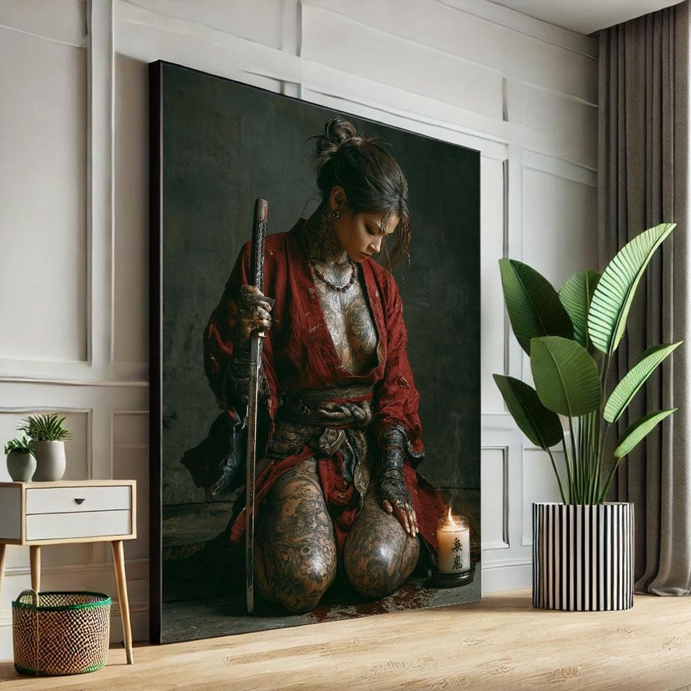 Samurai Woman Canvas Art Print - Red Tones Statement Decor