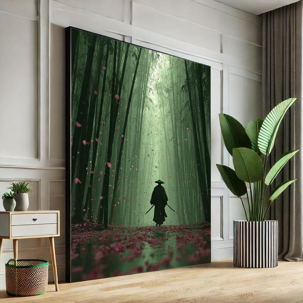 Samurai in Bamboo Forest Canvas Art Print – Mystical Green Decor