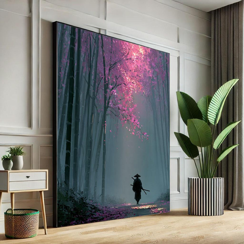 Samurai in Enchanted Forest Canvas Art Print, Mystical Wall Decor