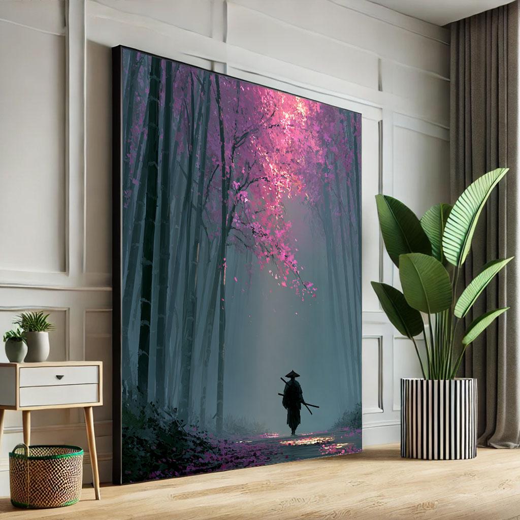 Image 1 of Dreamy Samurai in Enchanted Forest Canvas Wall Art Print | Mystical Purple Bedroom Wall Decor | Statement Piece