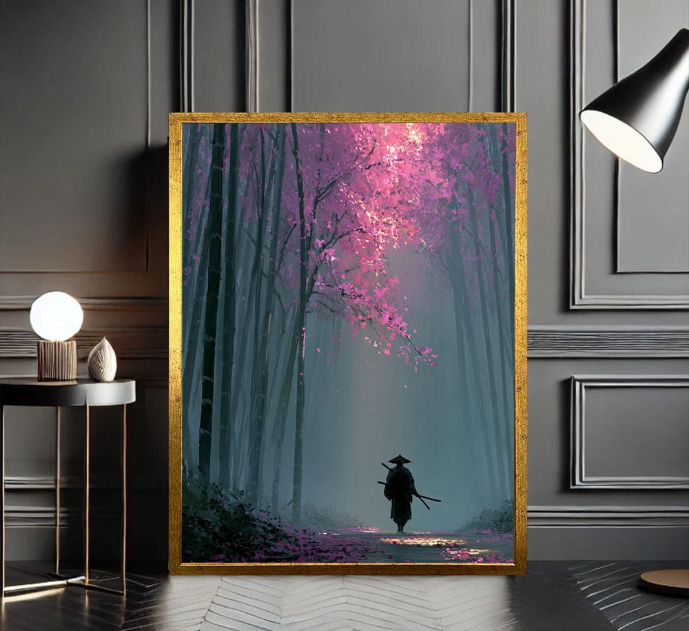 Samurai in Enchanted Forest Canvas Art Print, Mystical Wall Decor