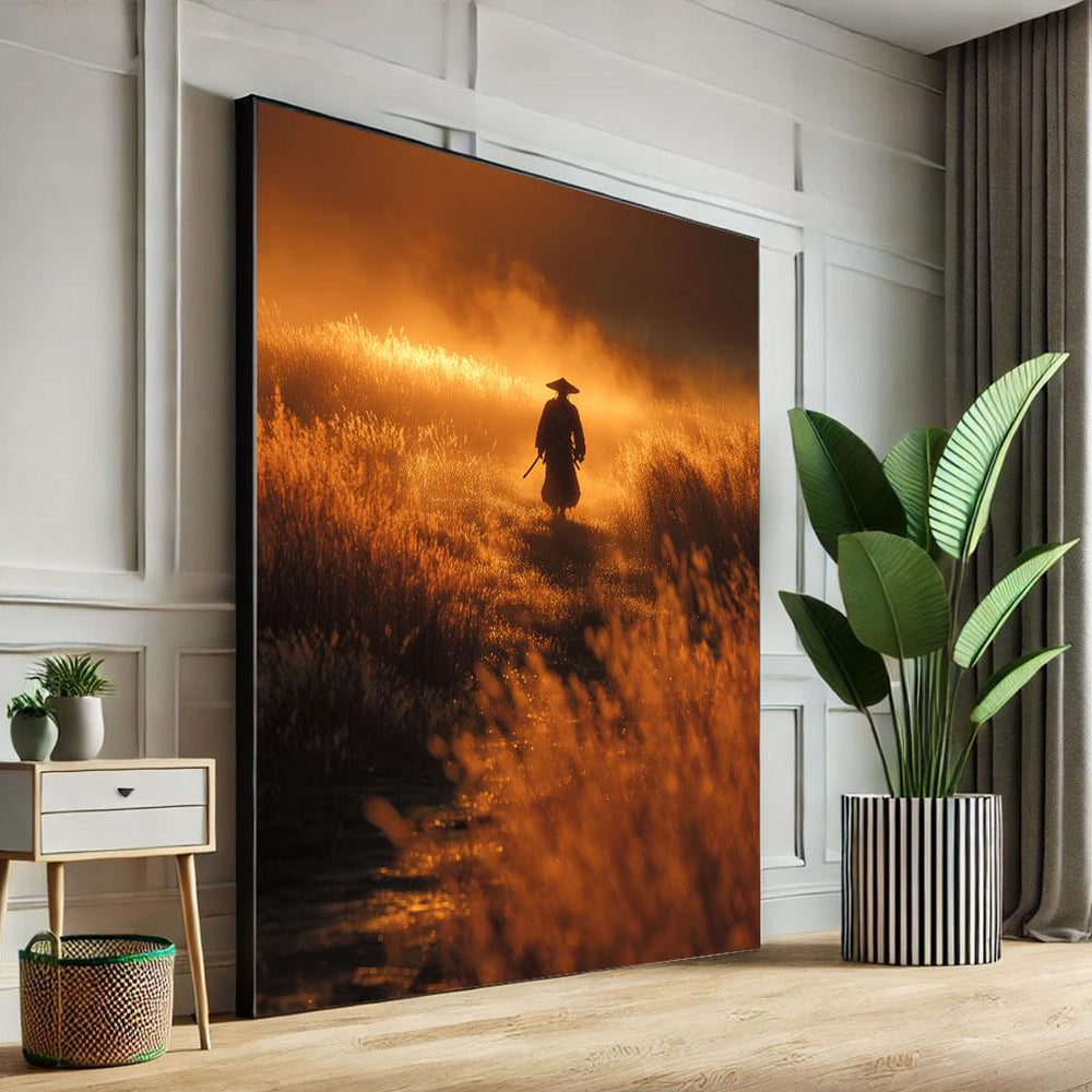 Mysterious Samurai Silhouette Canvas Wall Art Print  Warm Sunset Living Room Decor  Statement Piece