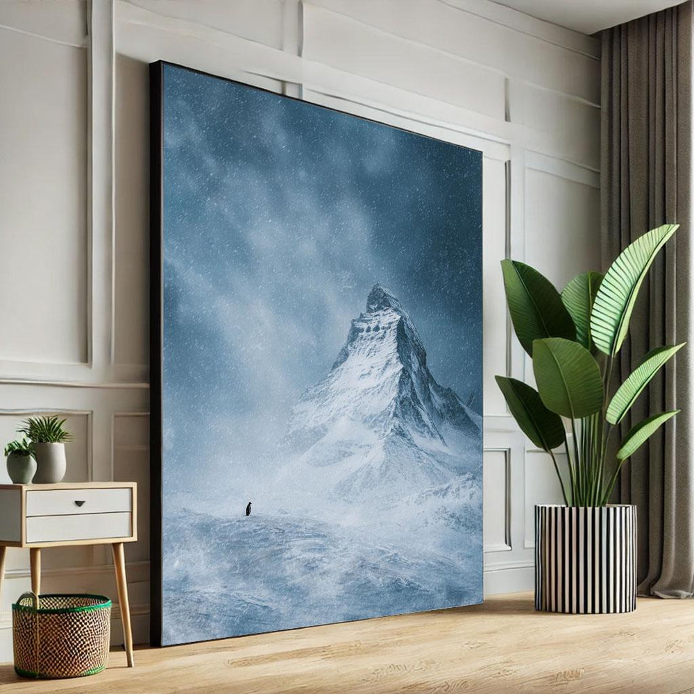 Lonely Penguin Mountain Canvas Print, Minimalist Snowy Landscape Art