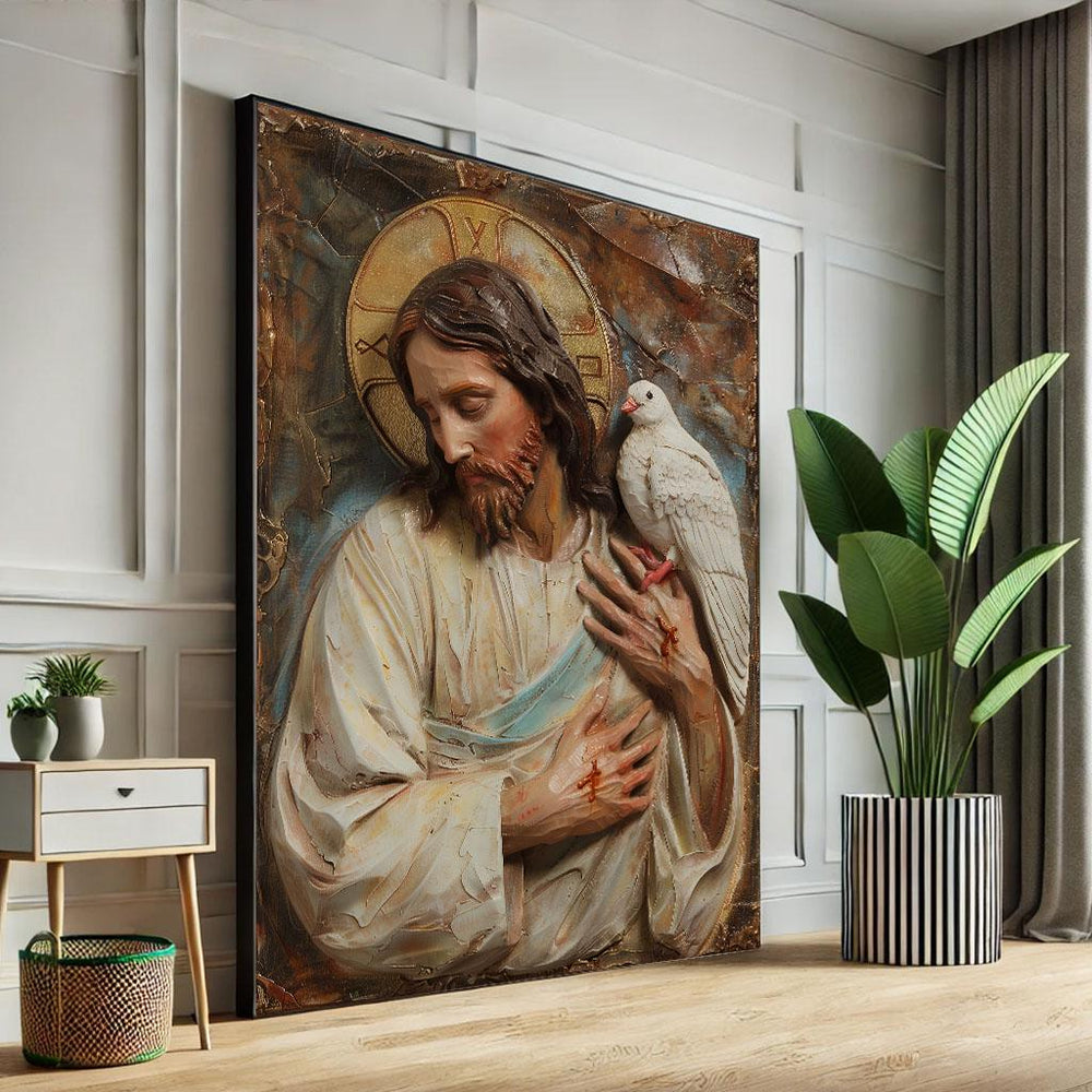 Radiant Jesus with Dove Canvas Wall Art Print  Spiritual Living Room Decor  Statement Piece