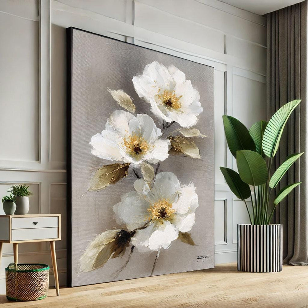Elegant White Floral Canvas Wall Art Print  Modern Living Room Decor  Ready to Hang