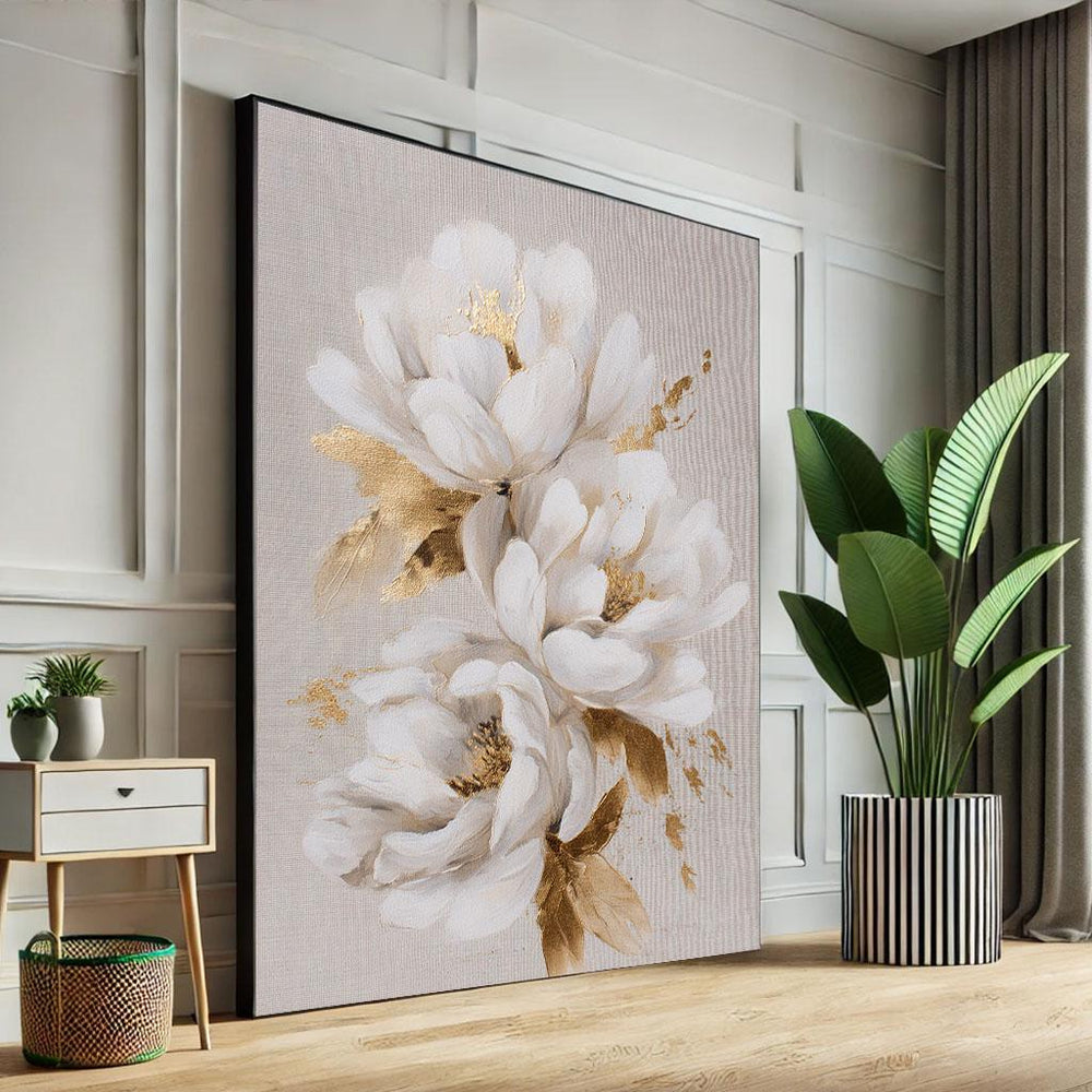 White Floral Canvas Print, Gold Accent Modern Art