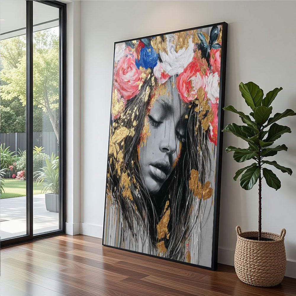 Golden Floral Portrait Canvas  Modern Art Print