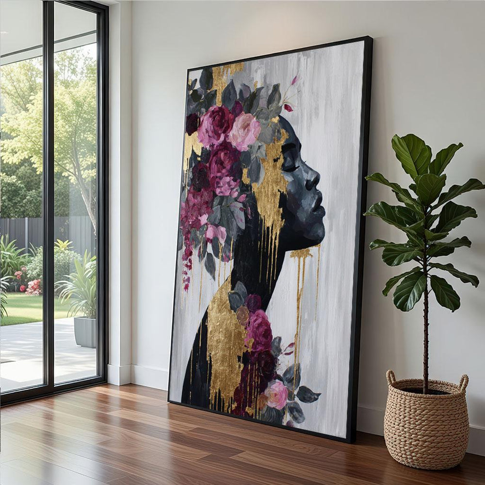Floral Silhouette Canvas  Gold Drip Modern Art