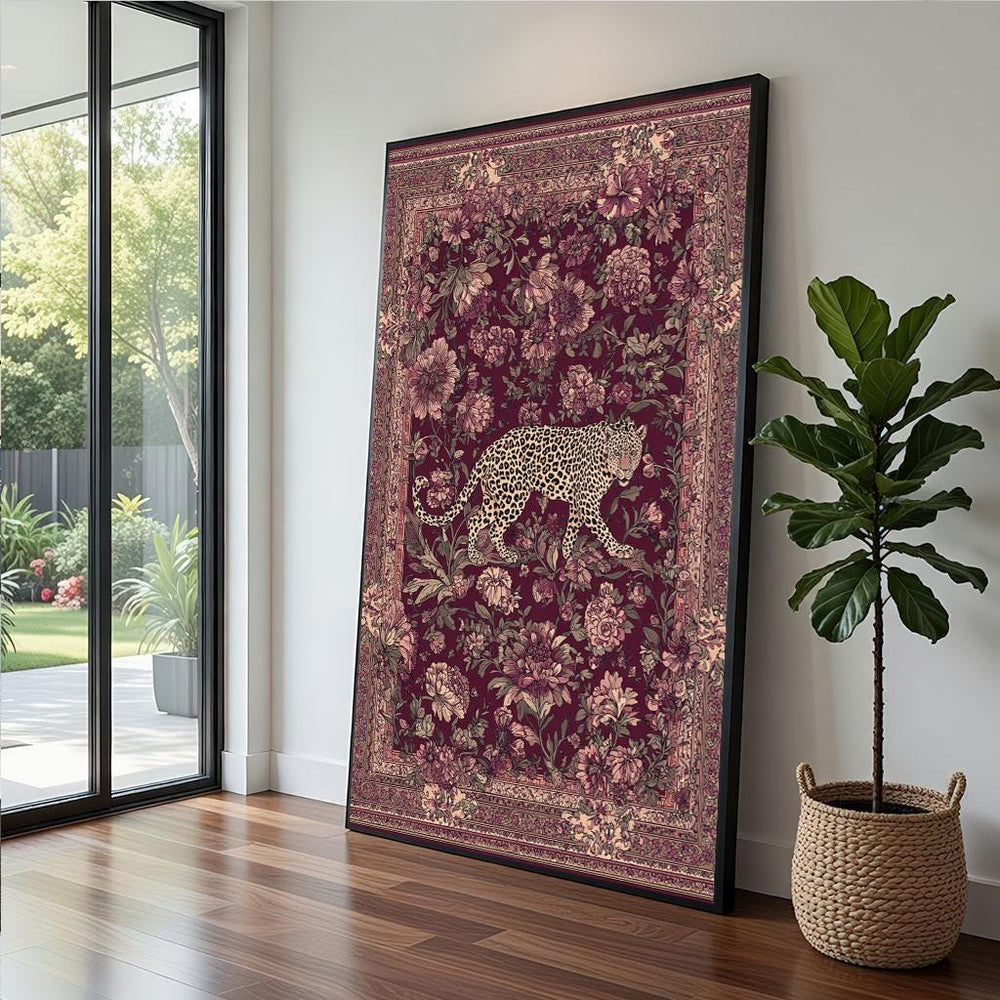 Leopard Floral Canvas  Burgundy Botanical Art Print
