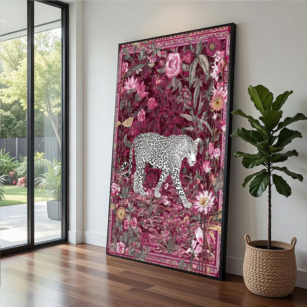 Floral Leopard Canvas  Pink Botanical Art Print