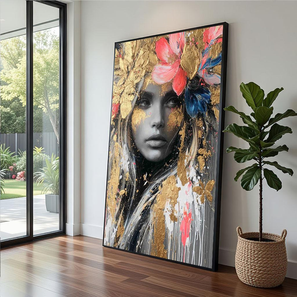 Golden Floral Portrait Canvas  Modern Art Print
