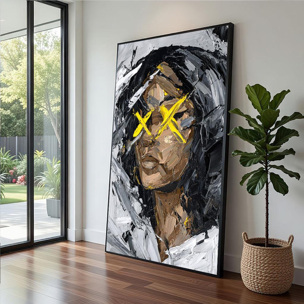 Abstract Portrait Canvas  Black White Yellow Expressionist Art