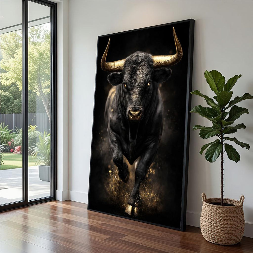 Golden Bull Canvas  Dynamic Black Gold Art
