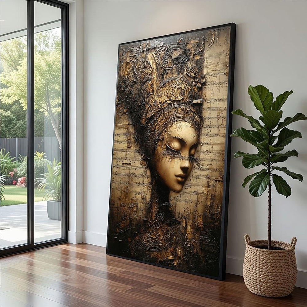 Golden Abstract Portrait Canvas  Ornate Textured Art