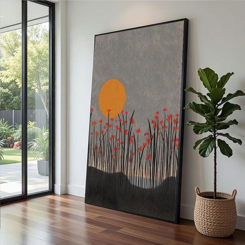 Orange Sun Wildflower Canvas  Minimalist Modern Art