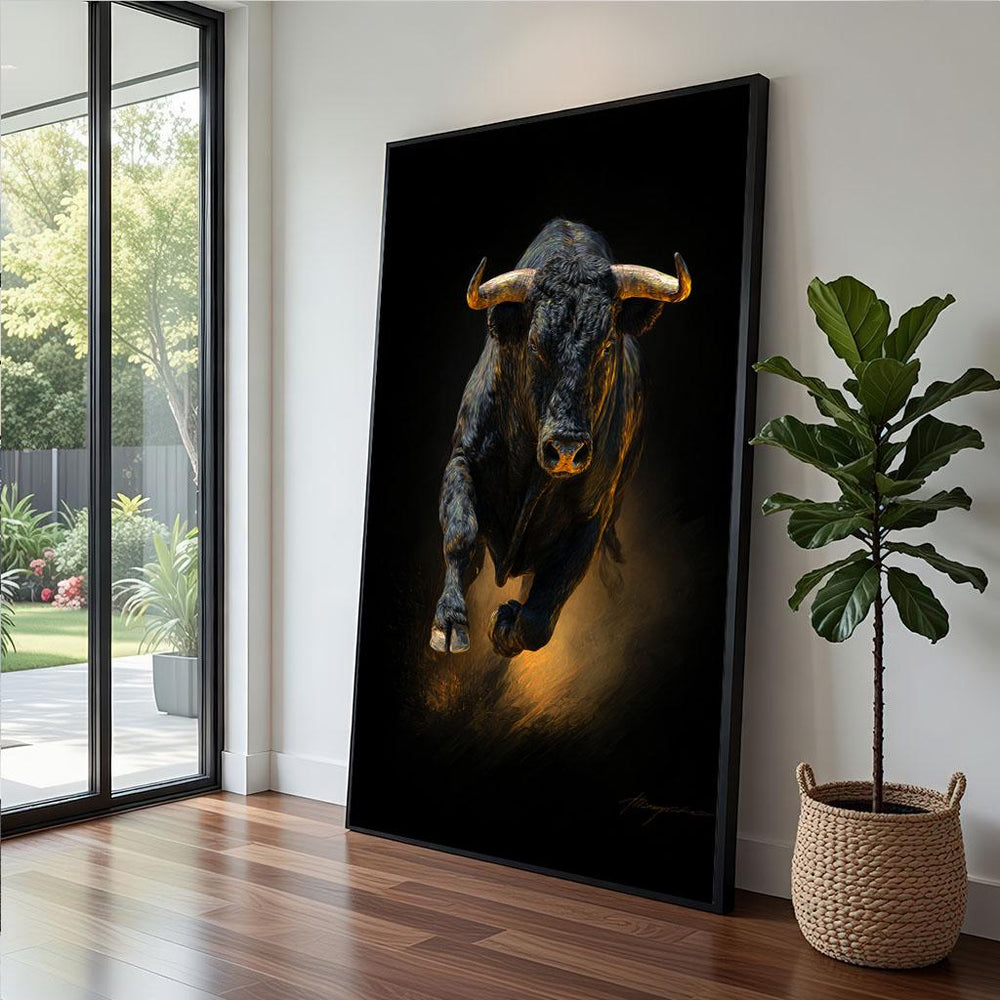 Charging Bull Canvas  Black Gold Dynamic Art