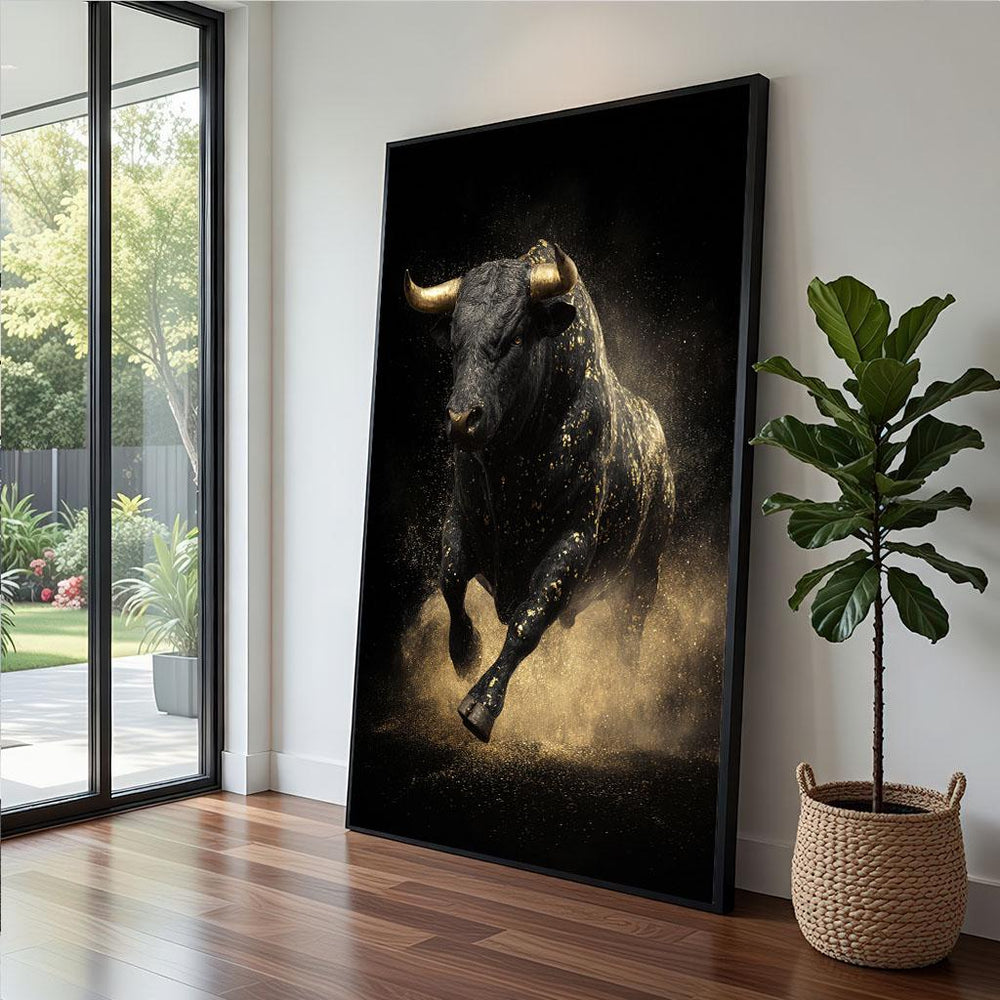 Golden Bull Canvas  Dynamic Black Gold Art