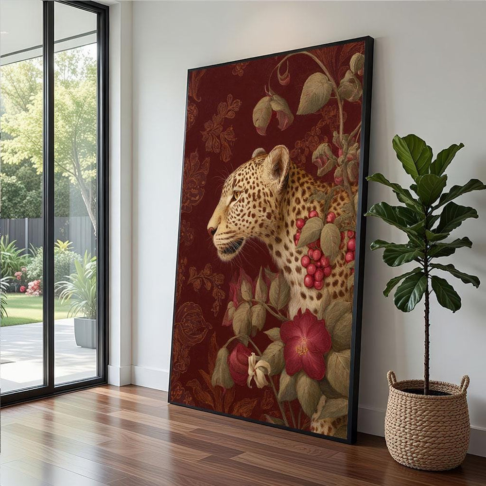 Leopard Floral Canvas  Deep Red Botanical Art