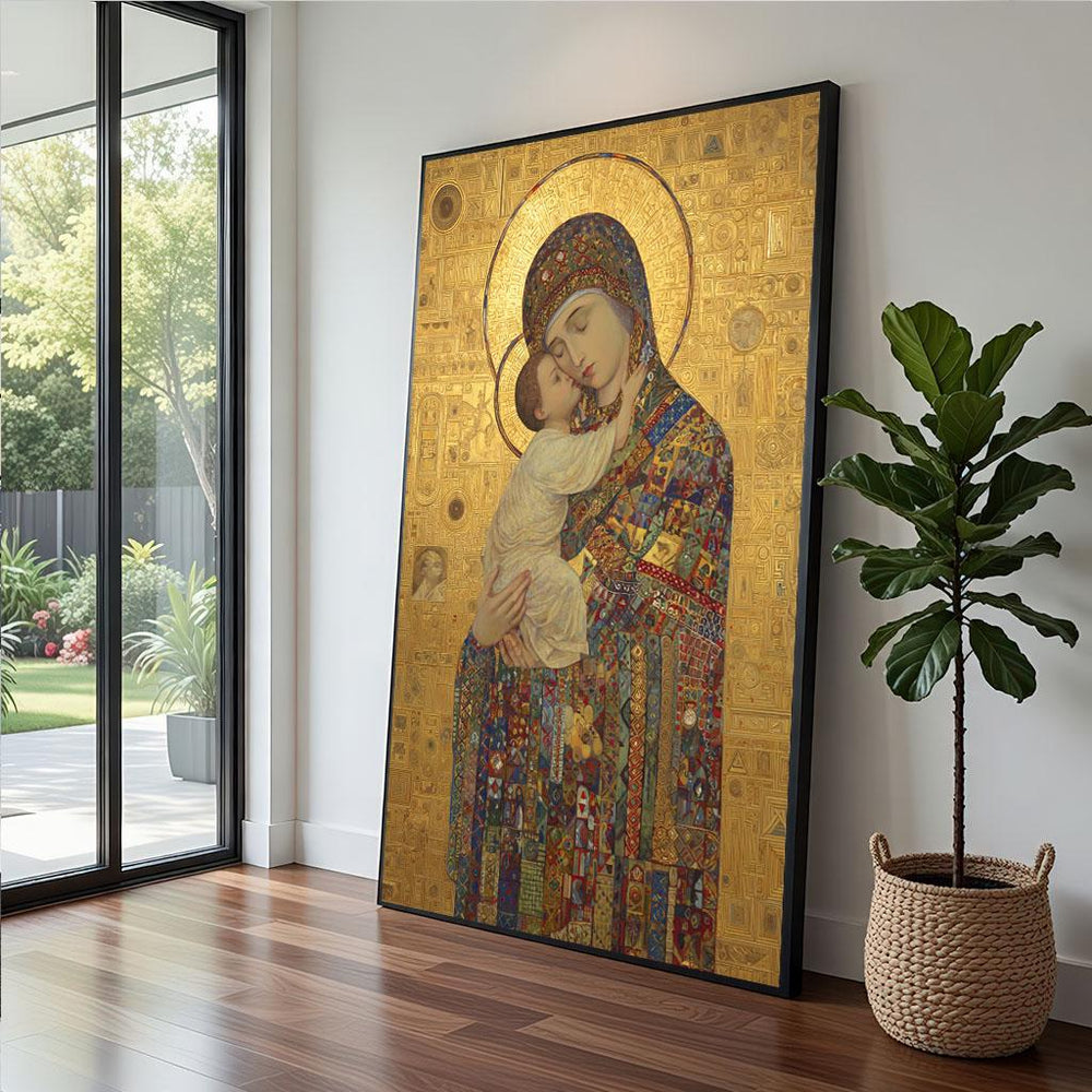 Golden Byzantine Icon Canvas  Mother Child Religious Art