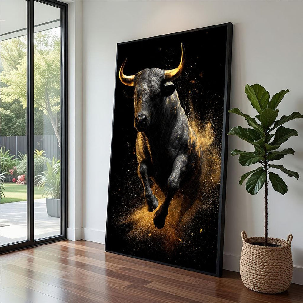 Golden Bull Canvas  Dynamic Black Gold Art