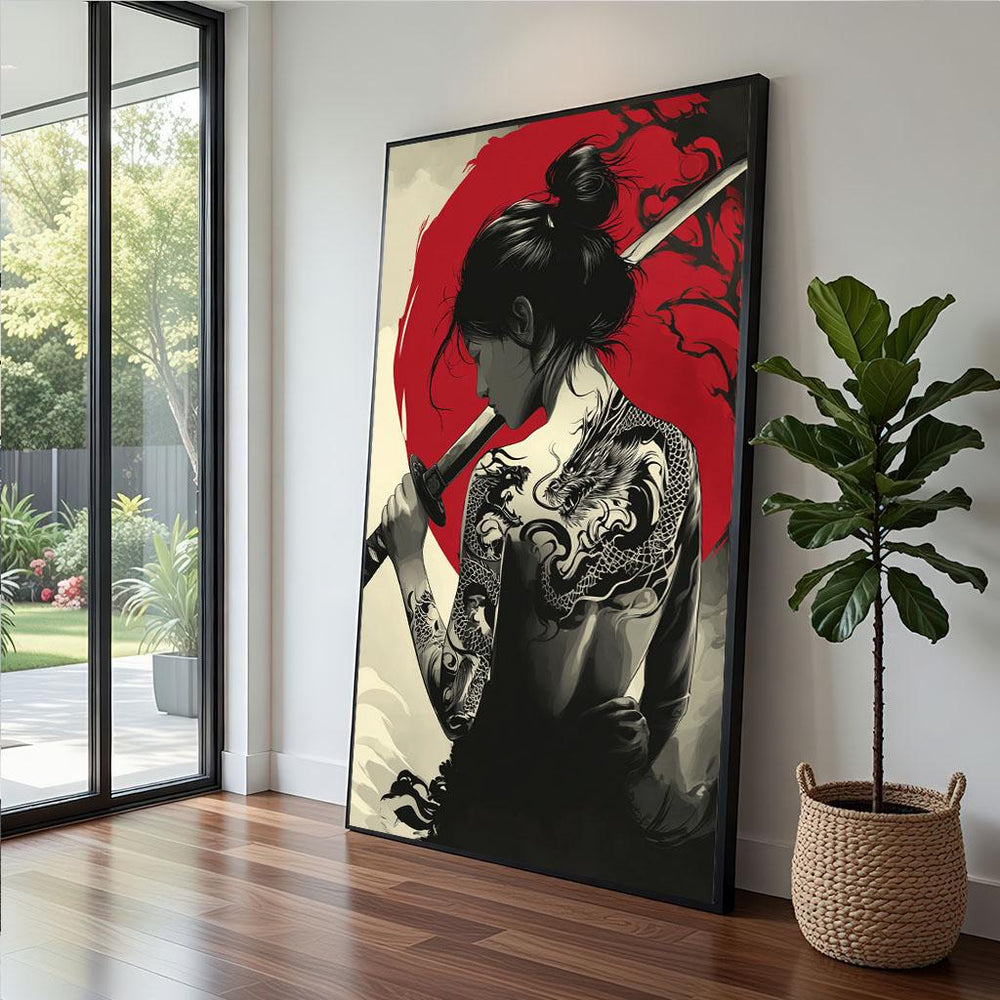 Samurai Tattoo Canvas  Red Black Modern Art