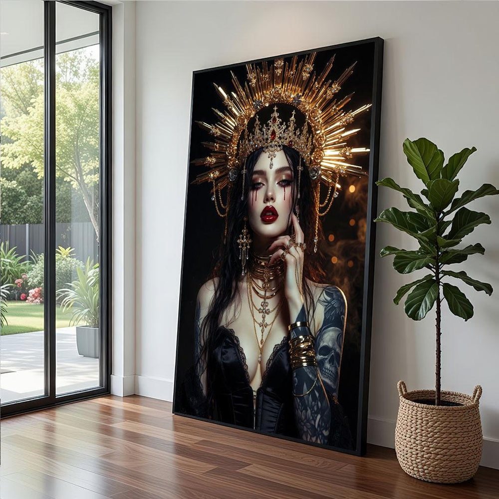 Golden Crowned Beauty Canvas  Modern Gothic Glamour Art