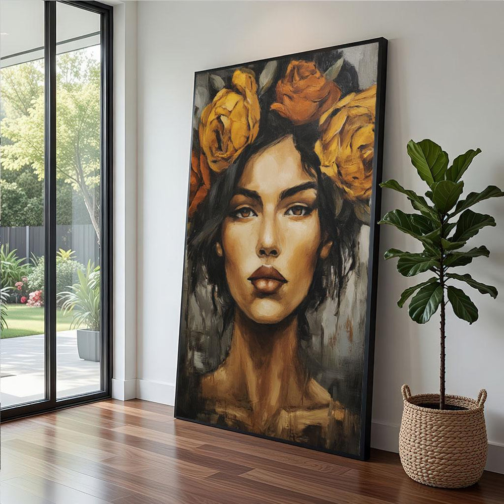 Floral Portrait Canvas  Bold Yellow Orange Art