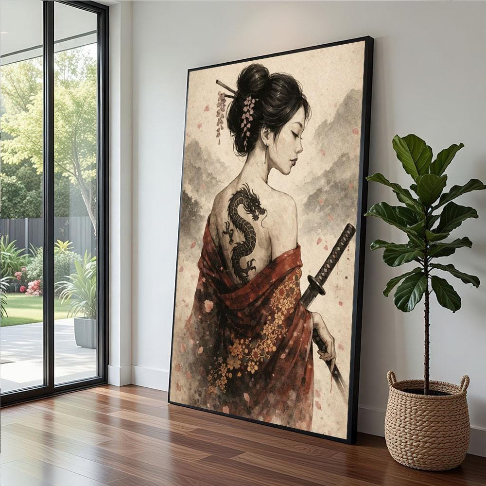 Samurai Geisha Portrait Canvas  Vintage Japanese Art Style