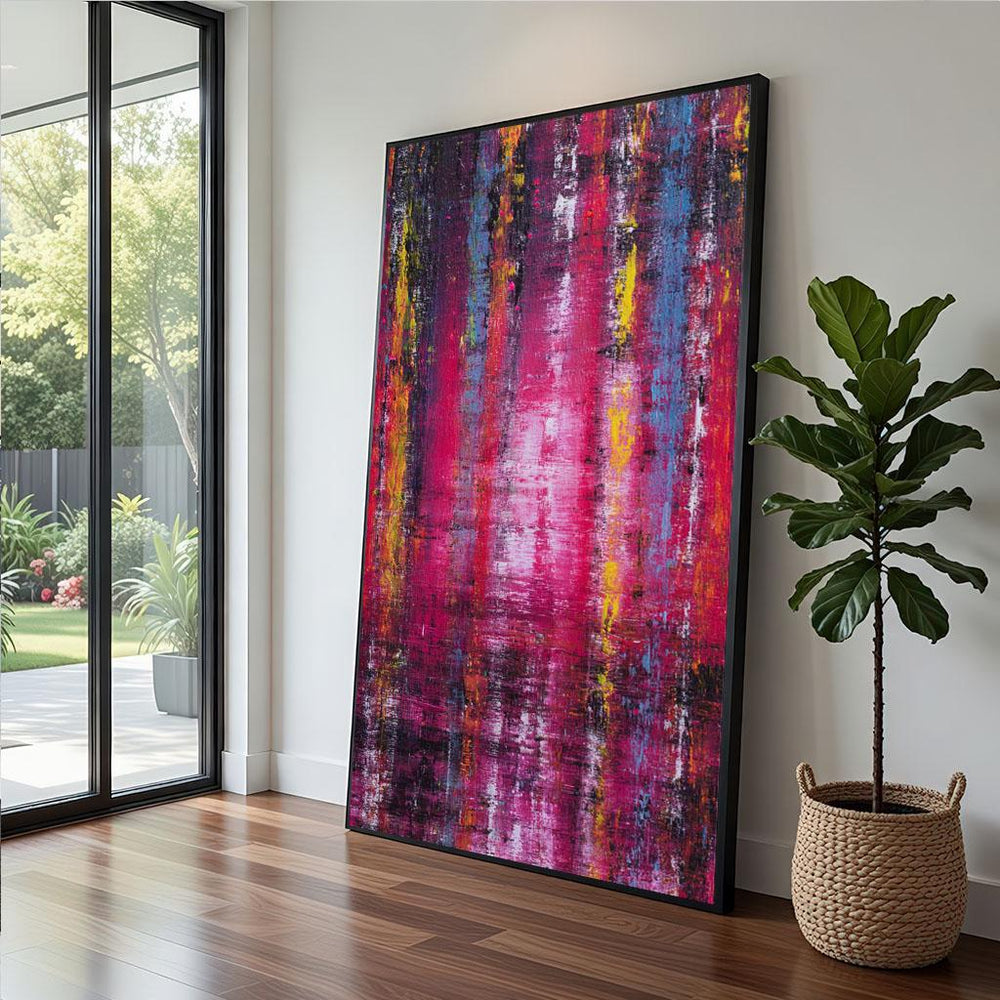 Vibrant Abstract Canvas  Pink Yellow Brushstrokes Art