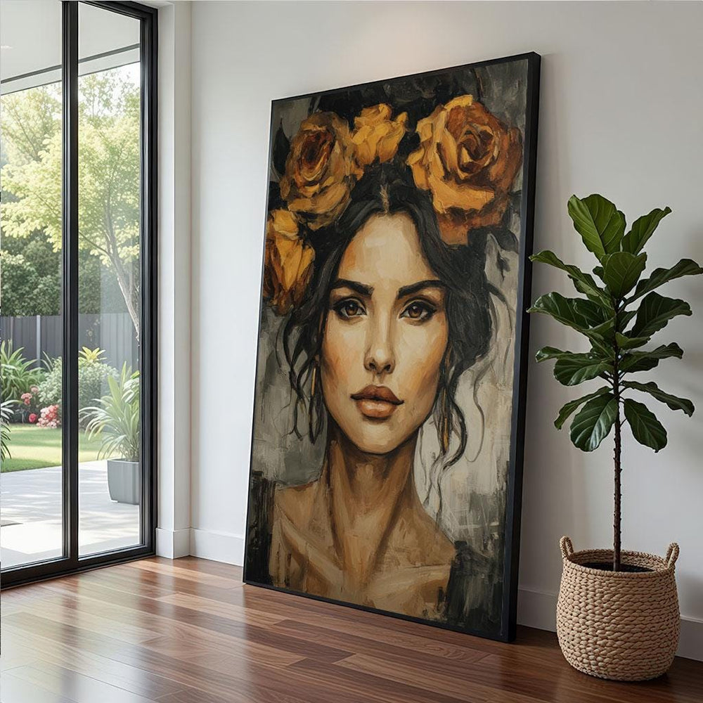 Floral Portrait Canvas  Golden Roses Modern Art