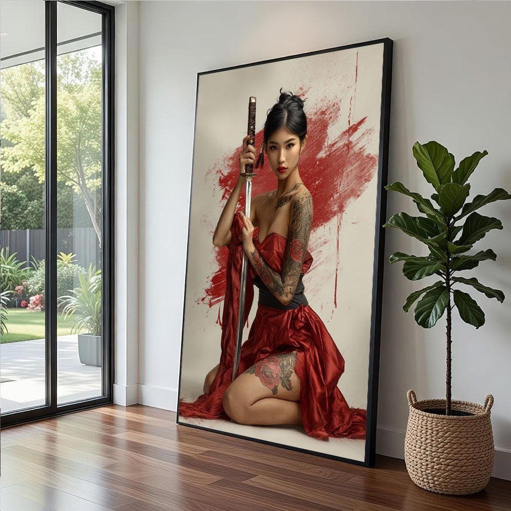 Samurai Inspired Portrait Canvas  Modern Tattoo Art Style