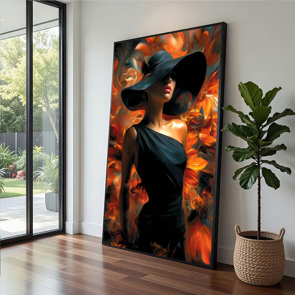 Black Dress Woman Canvas  Orange Floral Modern Art