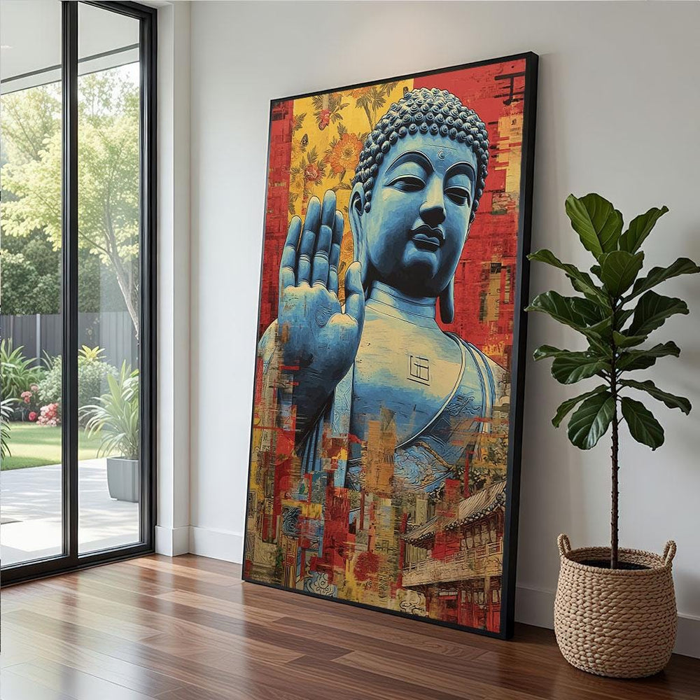 Patina Blue Buddha Canvas  Red Gold Spiritual Art