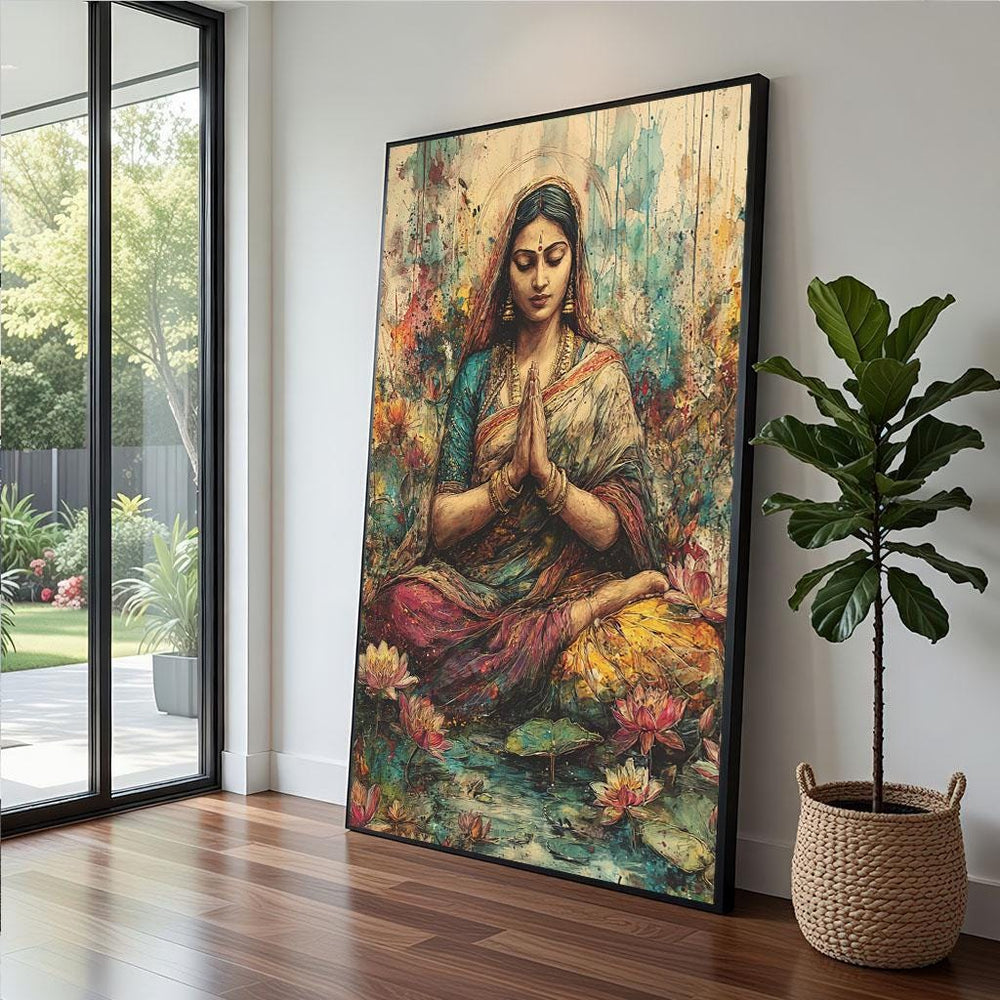 Serene Meditation Portrait Canvas  Vintage Bohemian Art Style